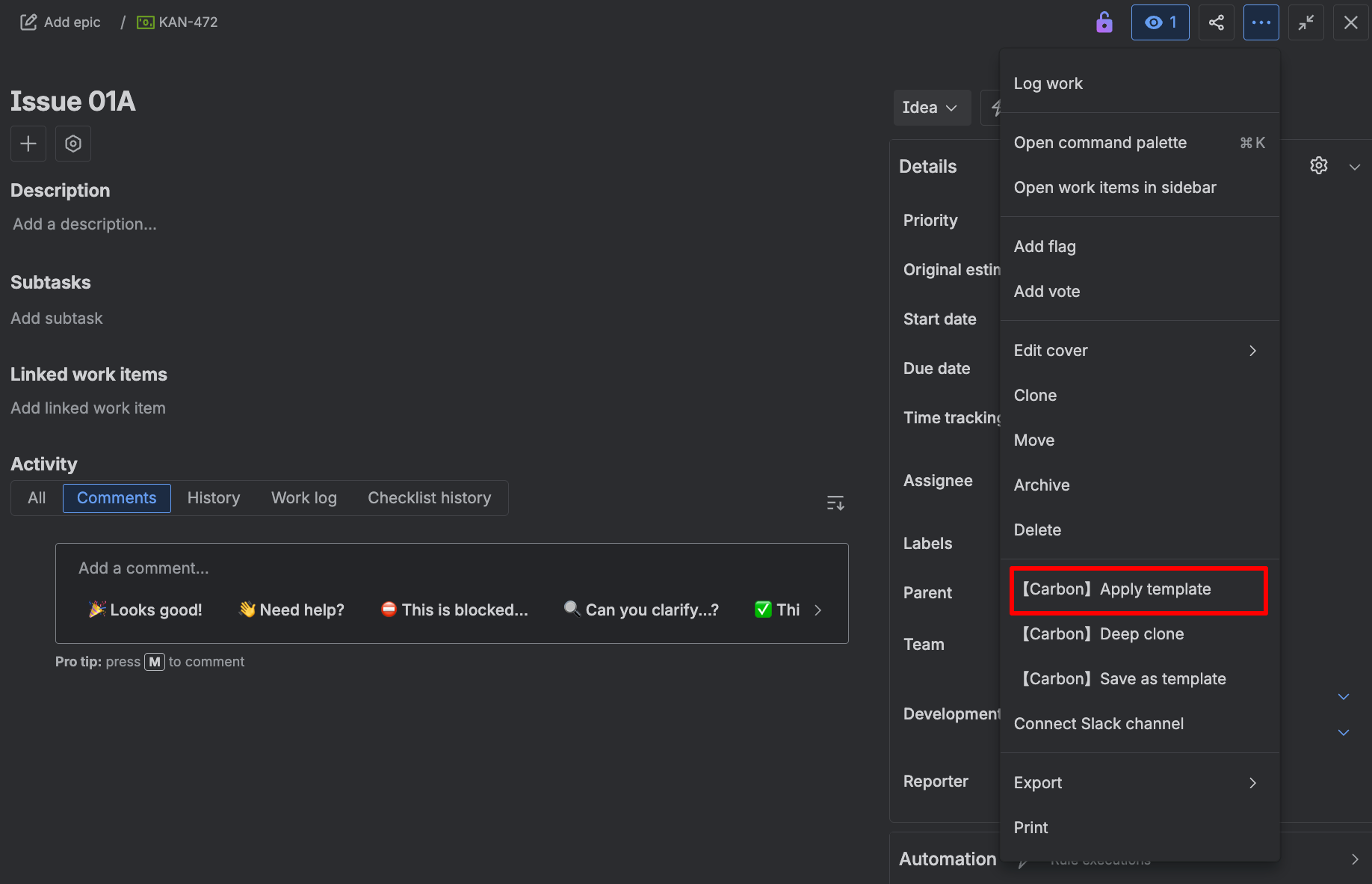 Apply template to an existing work item