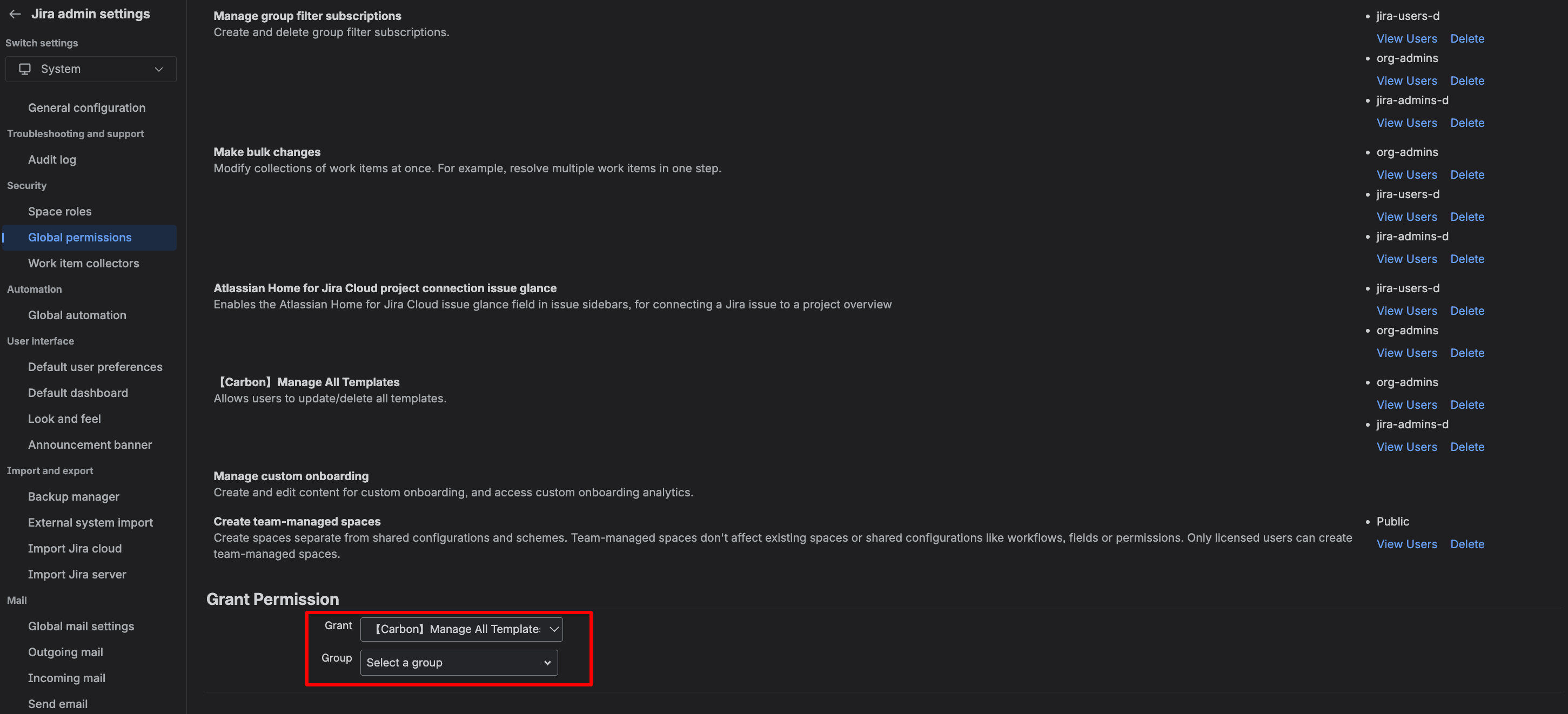 Configure Carbon template management permission